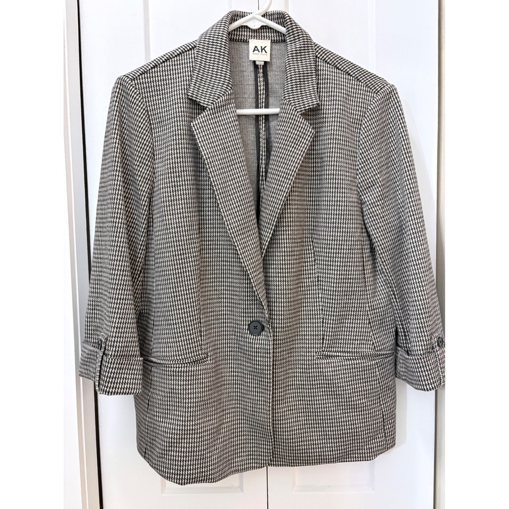 Anne Klein Black White Houndstooth Blazer Single Button 3/4 Sleeve Petite Large